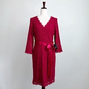 Adrianna Papell Faux Wrap Lace Pink Belted Sheath Dress NWT